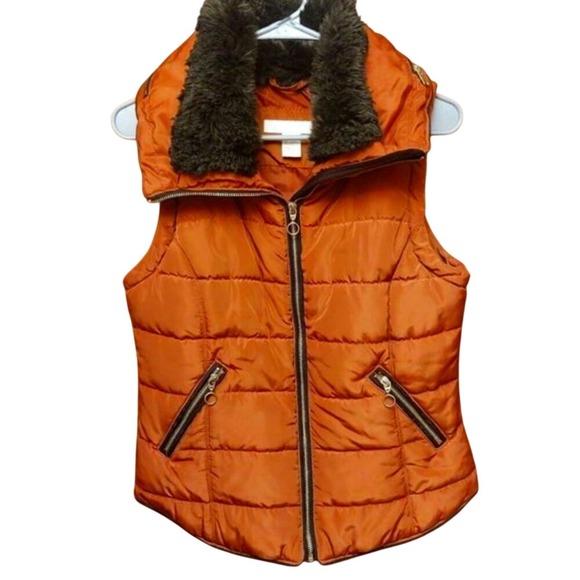 H&M Orange Puffer Vest Faux Fur Collar‎ Full Zip Sleeveless Jacket #42C - Picture 1 of 4